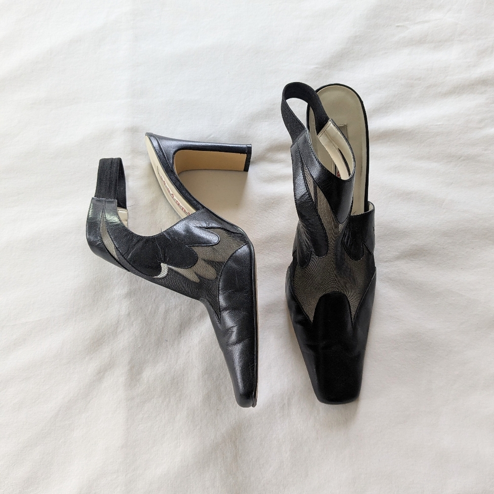 Vtg Black Leather Mesh Scalloped Cutout Heels Mules 10